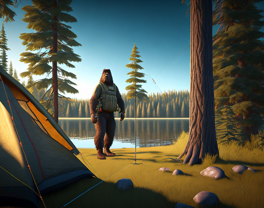 Bear with backpack and fishing rod by tent in serene forest near lake at sunrise/sunset