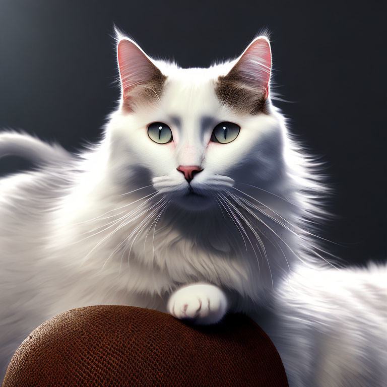 Fluffy White Cat with Black Patch and Green Eyes on Brown Surface