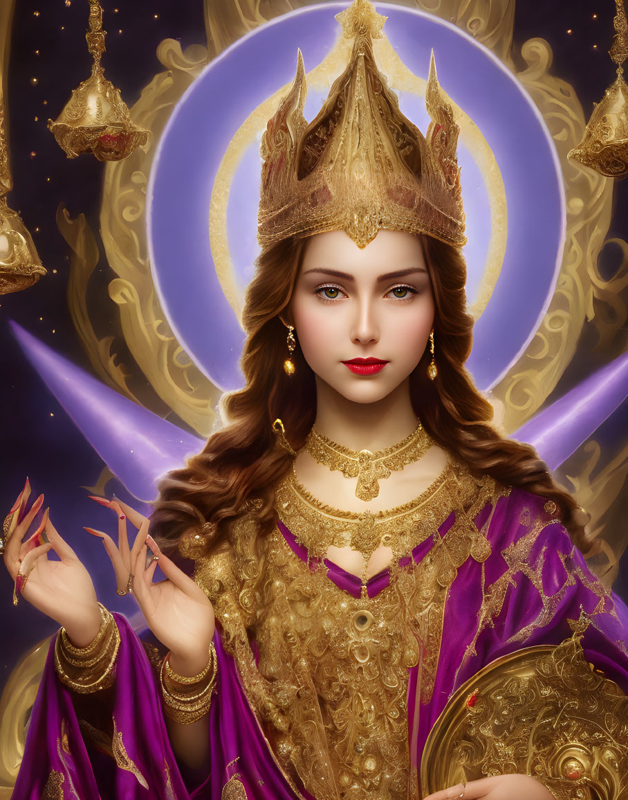 Royal Woman in Purple Robe with Golden Crown and Halo