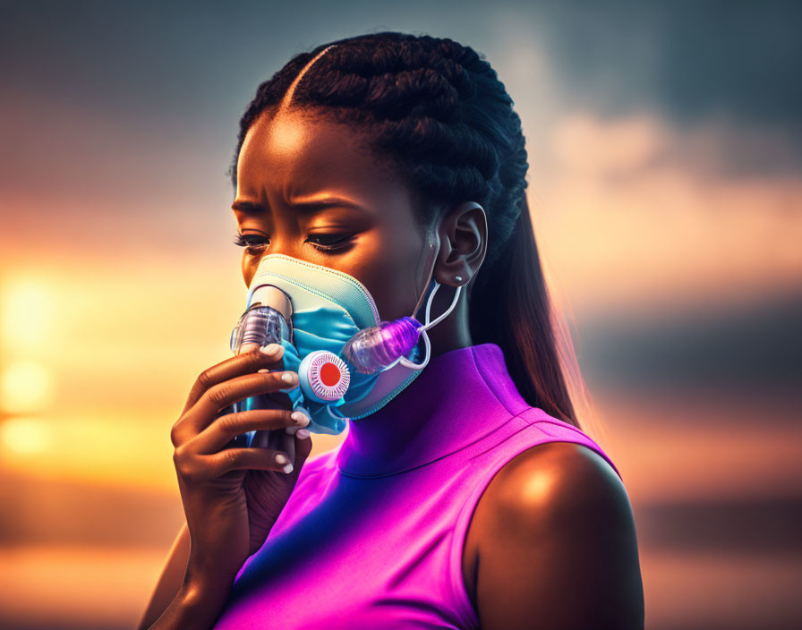 Woman with Braided Hair Wearing Mask and Earphones at Sunset