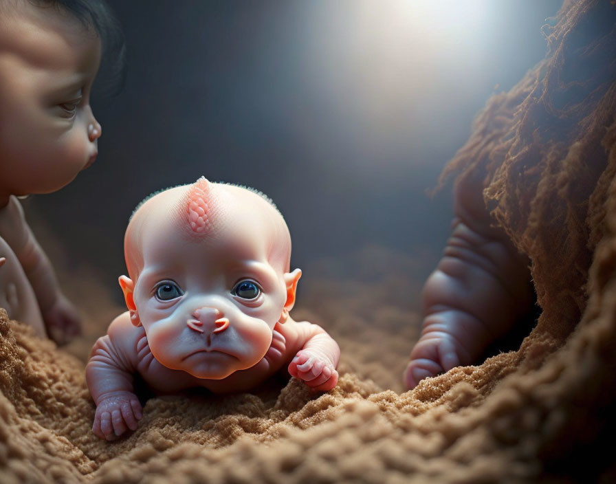 Surreal image: Baby with four eyes, two noses, two mouths, observed by another child