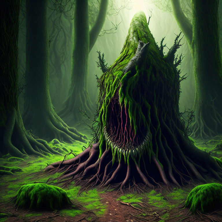 Moss-covered tree stump in eerie forest landscape