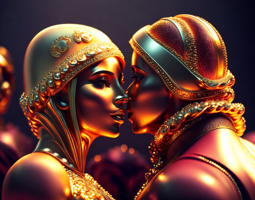 Golden futuristic figures in ornate headgear face off in dark setting