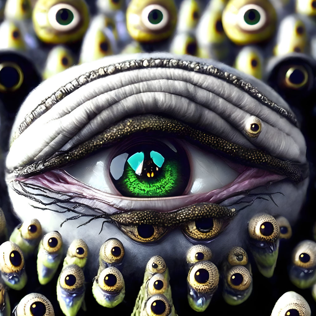 Surreal image of central eye surrounded by multiple smaller eyes