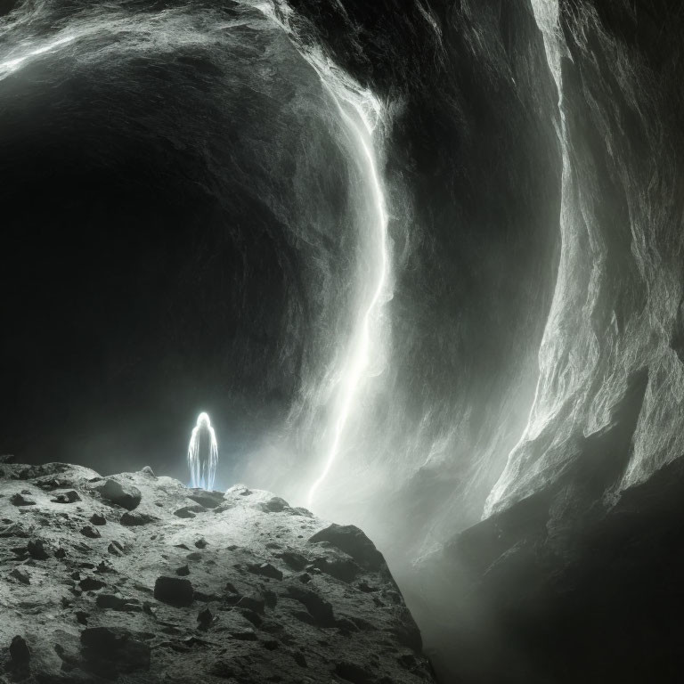 Glowing figure in moonlit cavern on rocky terrain