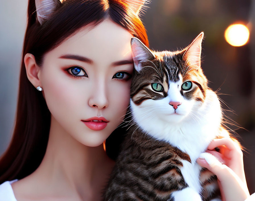 Woman with feline ears accessory holding tabby cat at sunset