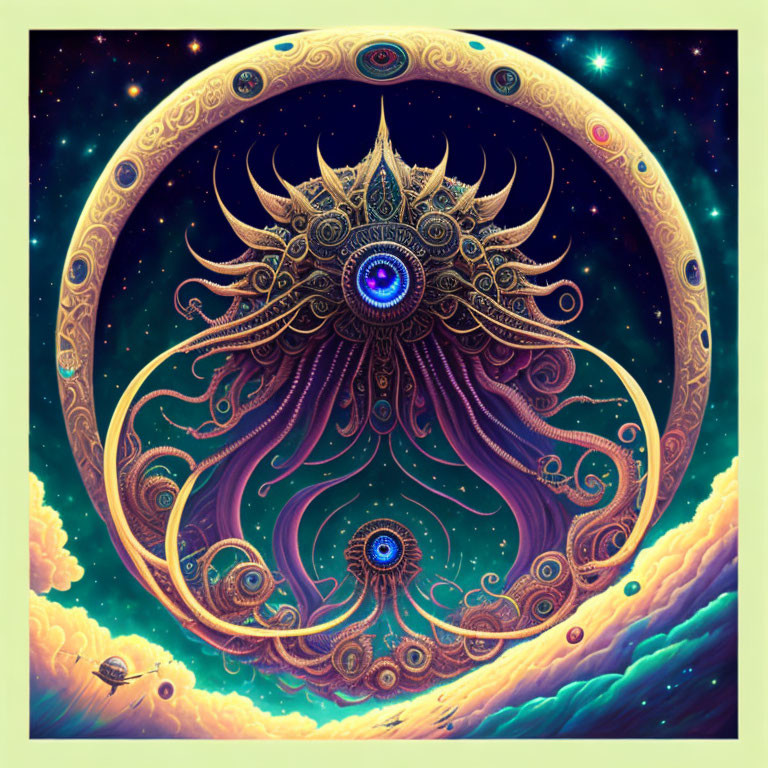 Colorful cosmic entity with multiple eyes and tentacles on celestial background