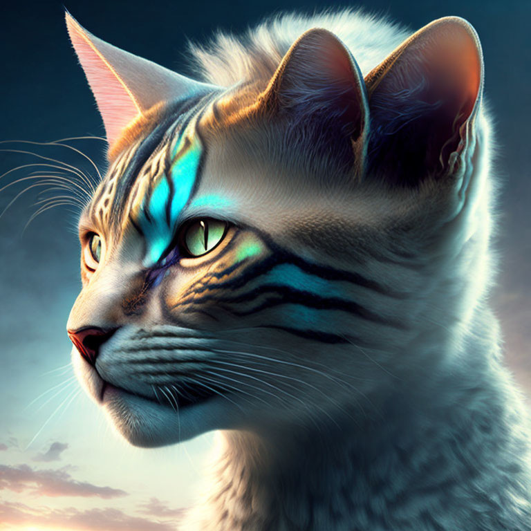 Digital artwork: Cat with tiger stripes on face against dramatic sky.