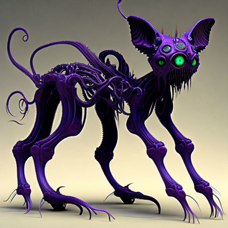 Purple-skinned digital creature with multiple eyes and tentacle-like limbs on neutral background