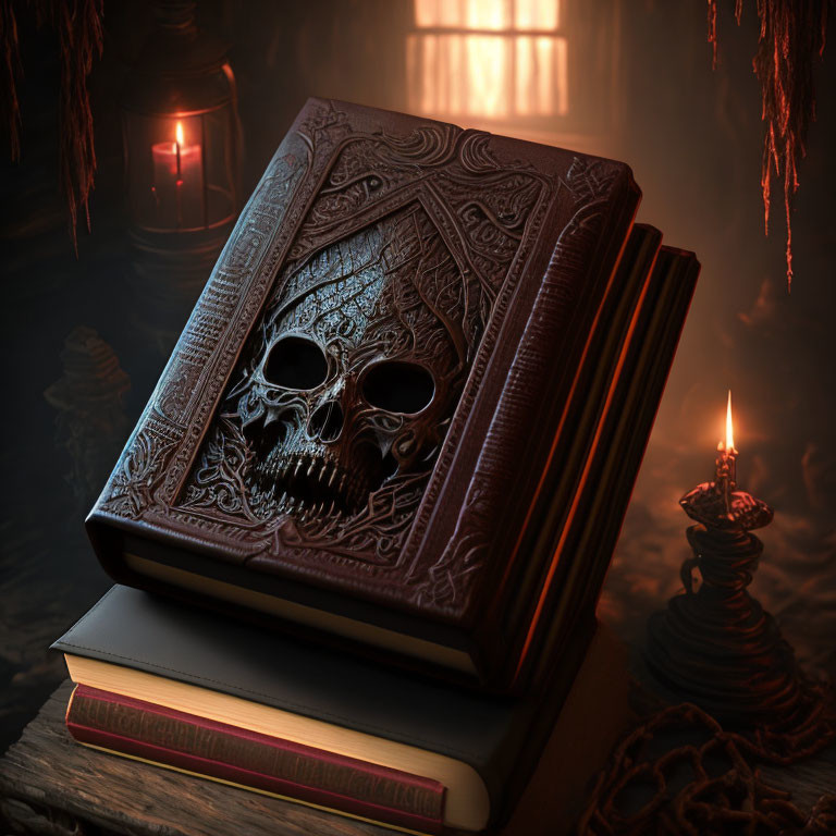 Stack of old books with skull design in dimly lit room