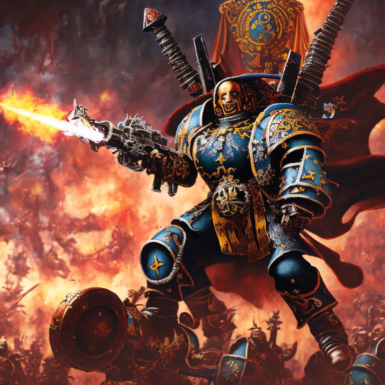 Armored space marine with fiery sword in blue and gold amidst flames