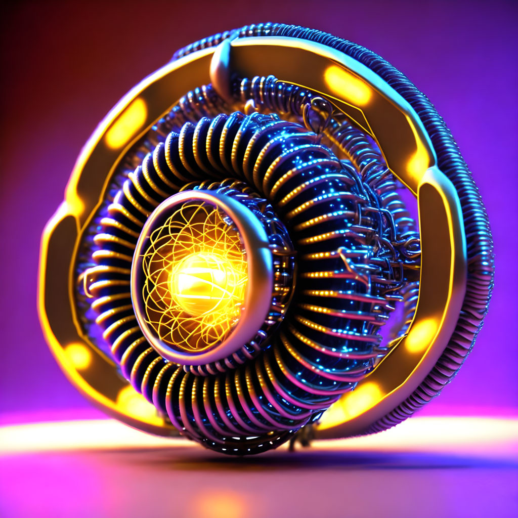 Circular metallic object with glowing edges and luminous core on purple and pink background