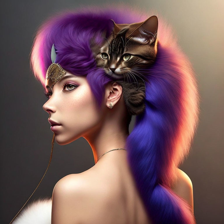 Vibrant purple hair woman with cat matching in color & texture