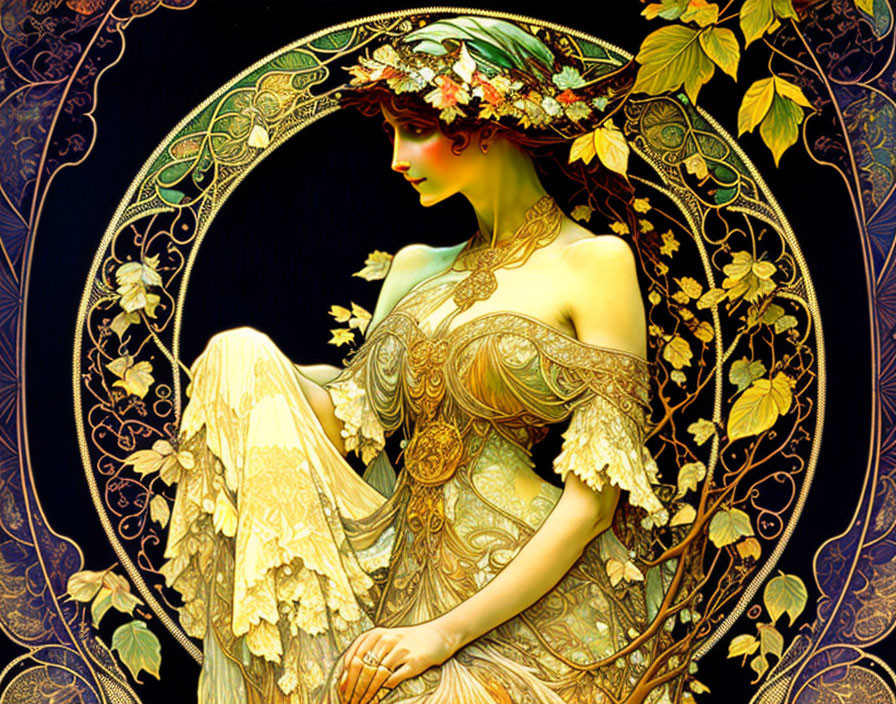 Art Nouveau Woman with Floral Hat and Gold Patterns