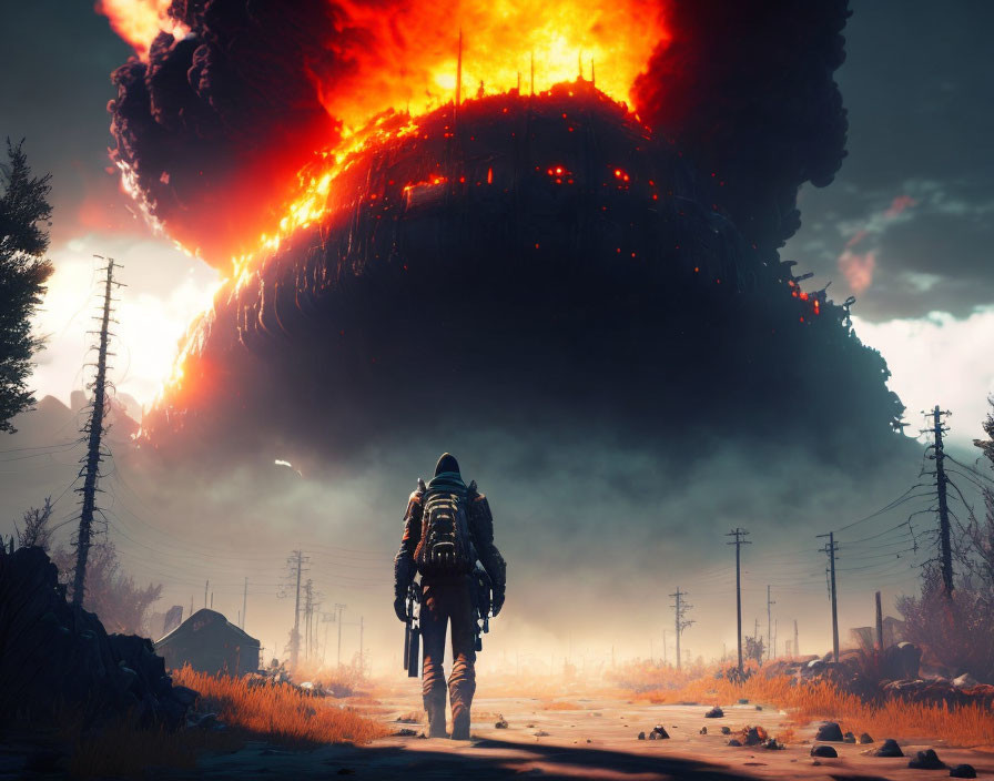 Person walking towards massive fiery explosion in apocalyptic setting