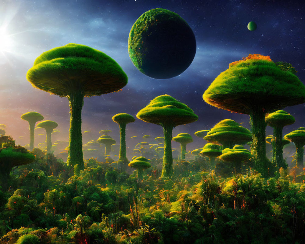 Fantastical landscape with towering mushroom-like trees under starry sky