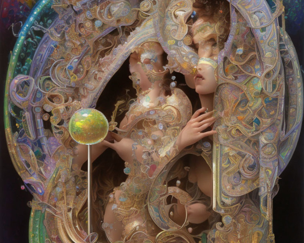 Surreal artwork: Entwined figures in golden circular frame with cosmic sphere