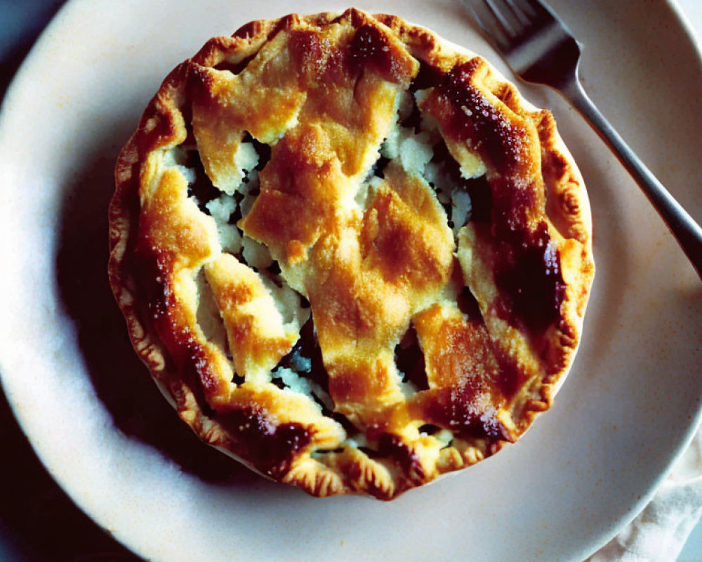 Golden-brown baked pie with lattice crust on plate and fork