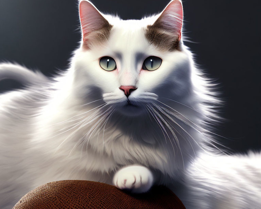 Fluffy White Cat with Black Patch and Green Eyes on Brown Surface