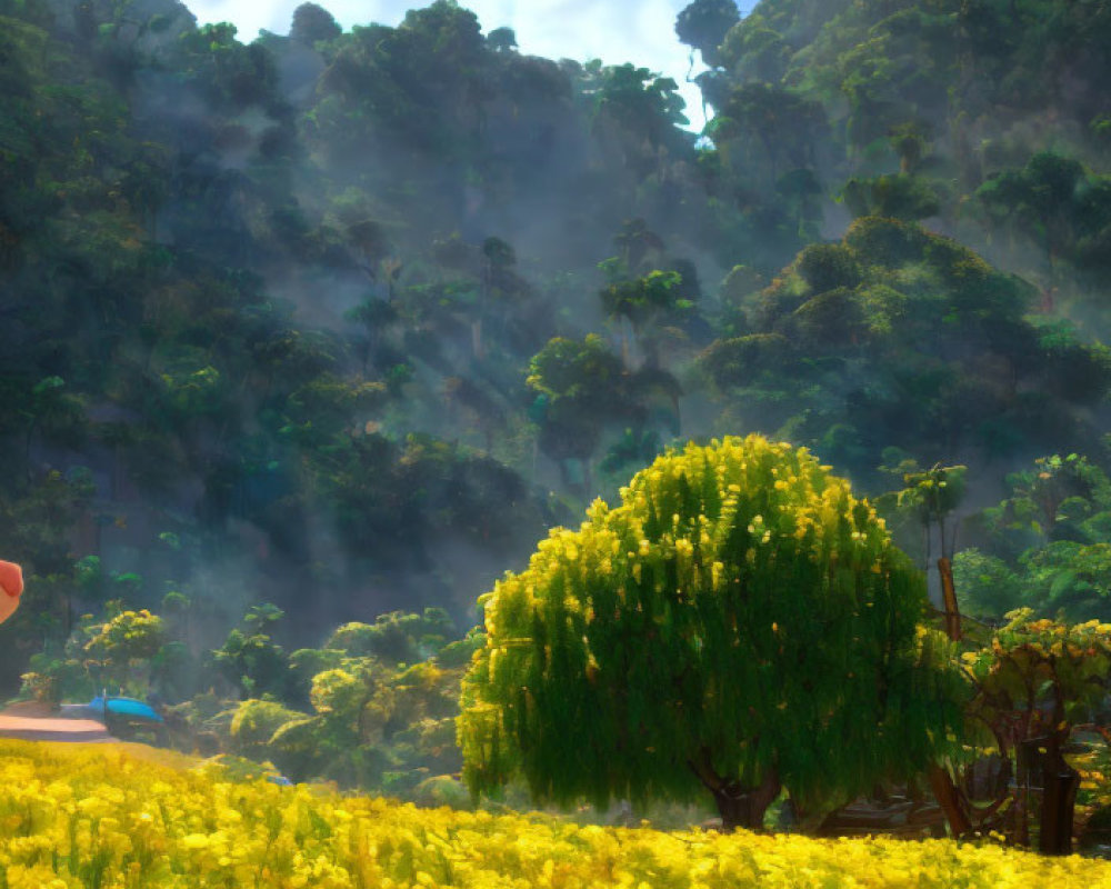 Vibrant yellow flowers, green tree, misty cliffs in lush landscape