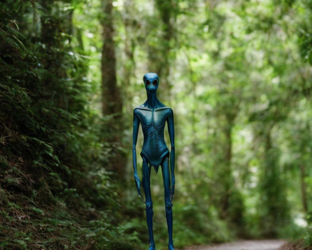 Blue-skinned alien creature in forest setting.