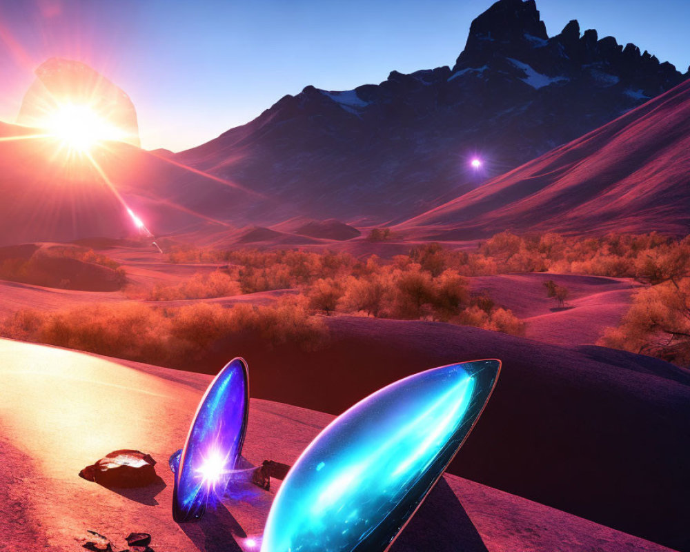 Colorful sci-fi landscape with glowing alien orbs, purple sand dunes, majestic mountains, and radiant