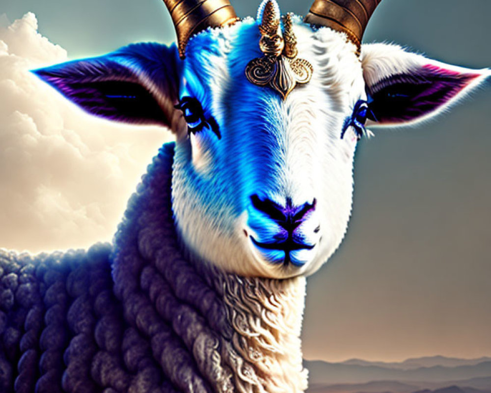 Surreal sheep with curved horns and decorative forehead piece in cloudy sky.