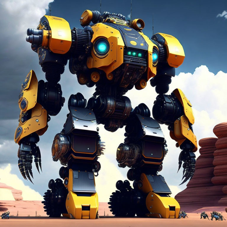 Large Yellow and Black Robot in Desert Landscape with Red Rock Formations