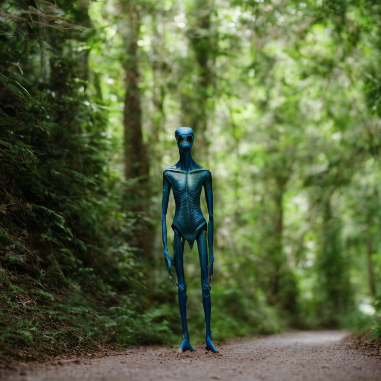 Blue-skinned alien creature in forest setting.