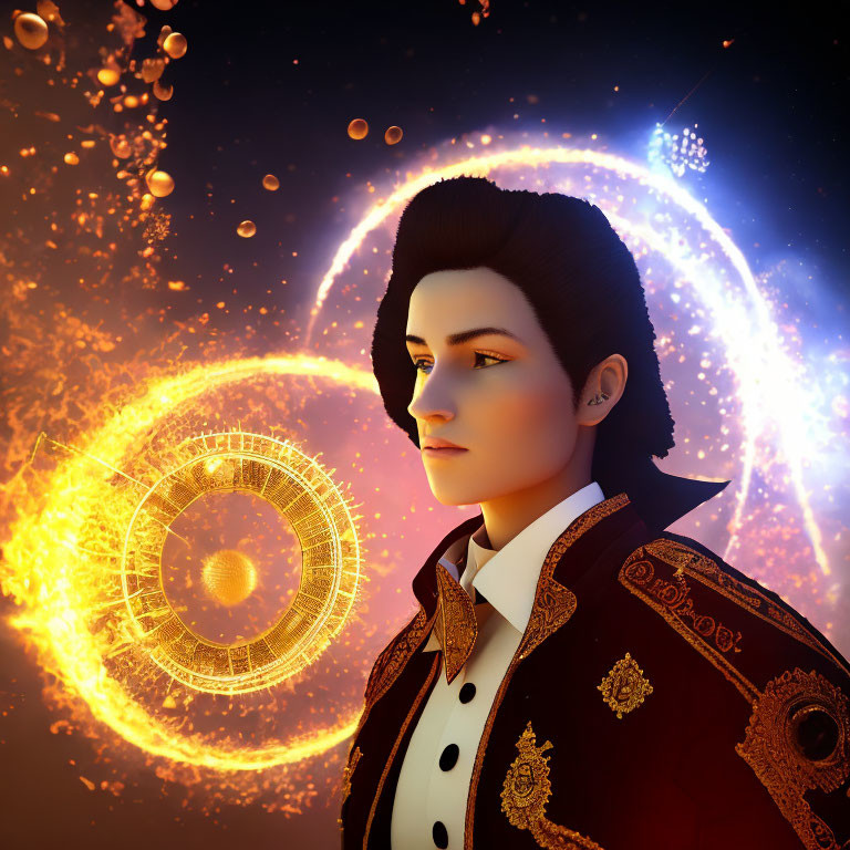 Stylized 3D rendering of person with golden halo and futuristic interface in dark space