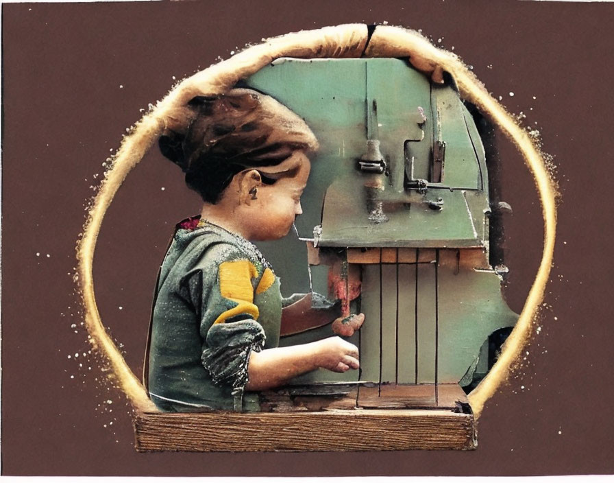 Child Using Old Sewing Machine in Circular Glowing Frame