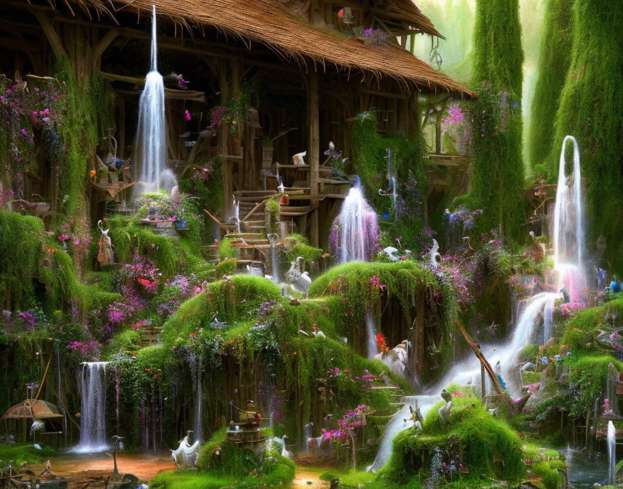 Lush Waterfall Village with Vibrant Flowers and Rustic Structures