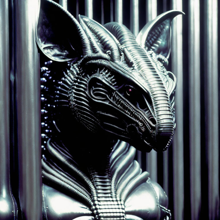 Metallic Anubis head sculpture on vertical striped background