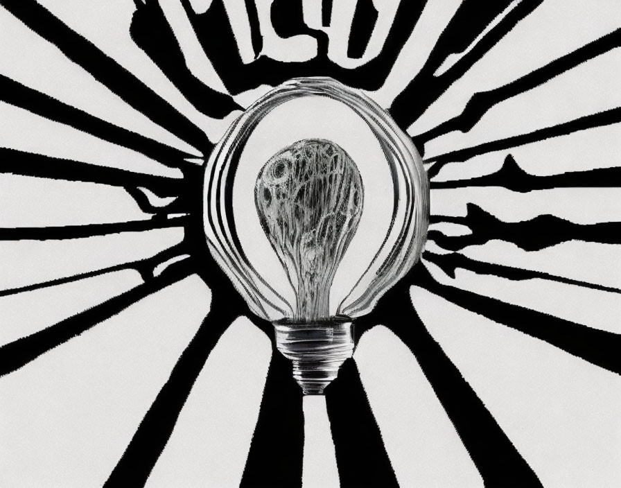 Monochrome art: Lightbulb with abstract tree filament on radiant background