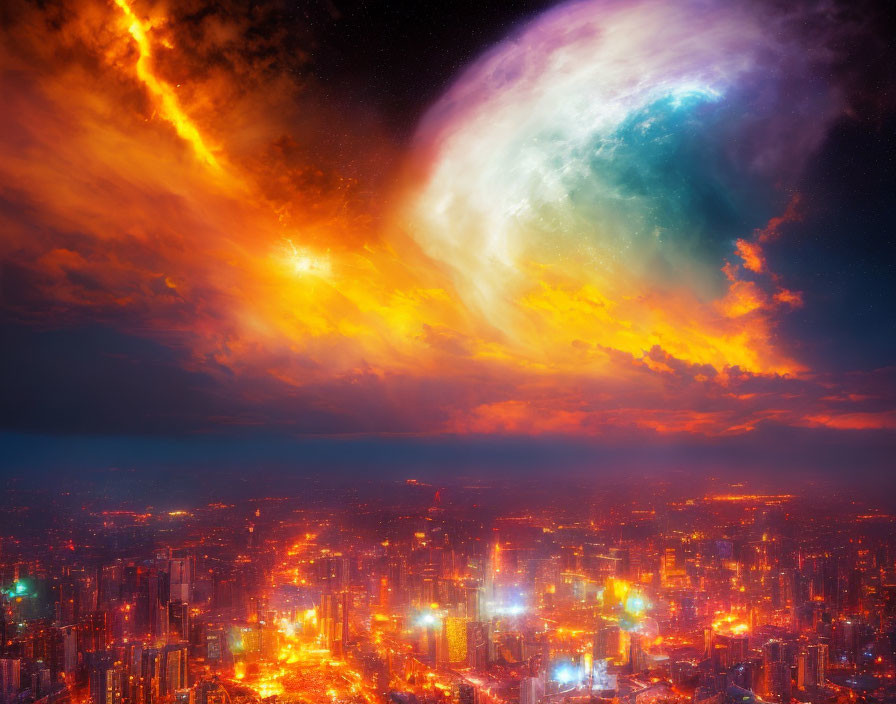 Night cityscape with fiery cosmic event in vibrant colors