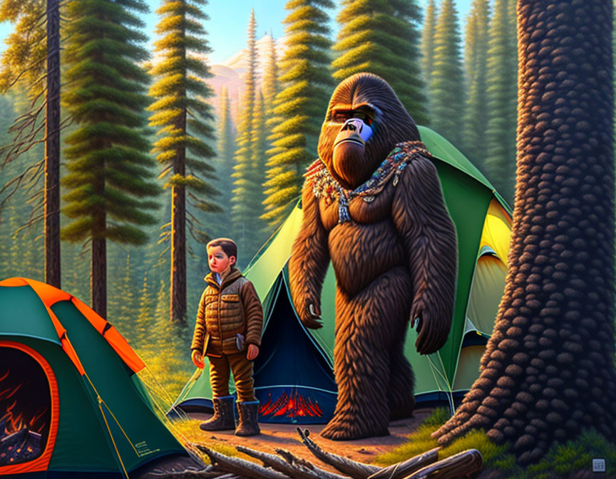 Child and hairy creature at forest campsite with tents and campfire.
