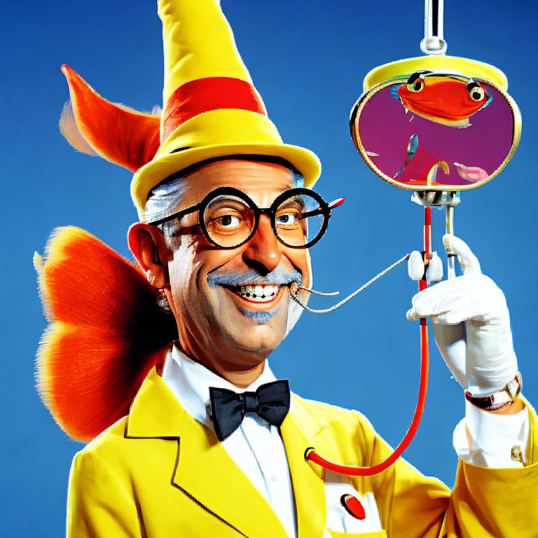 Whimsical man in yellow suit with fox tail examining fish on hook.