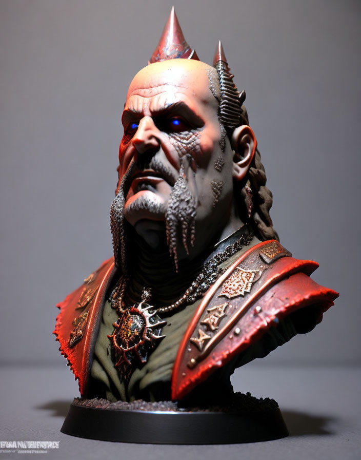 Fantasy character bust sculpture with red skin, mohawk, spikes, and medieval armor.