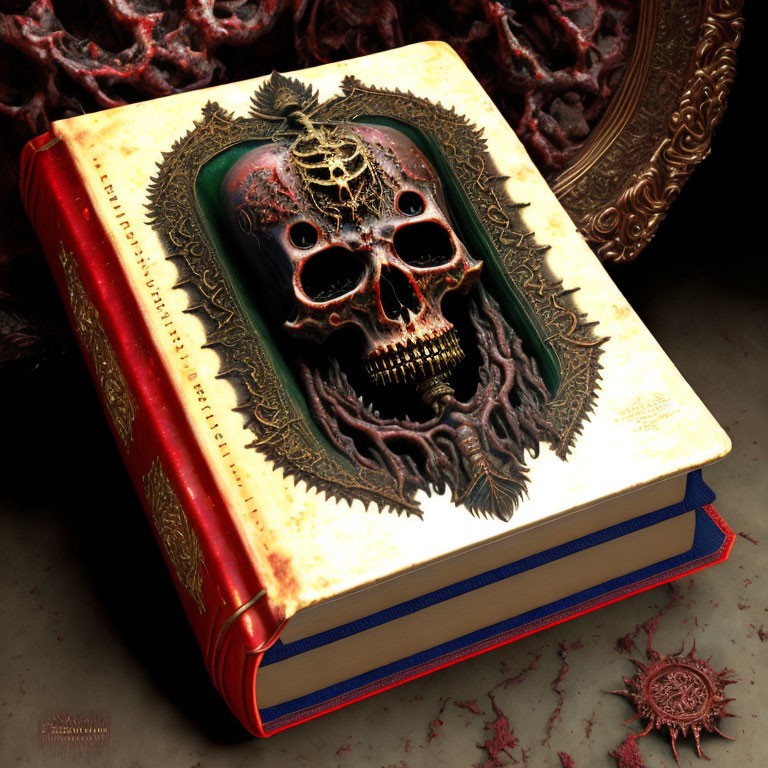 Ornate book cover with skull, tentacles, and gold leaf edges