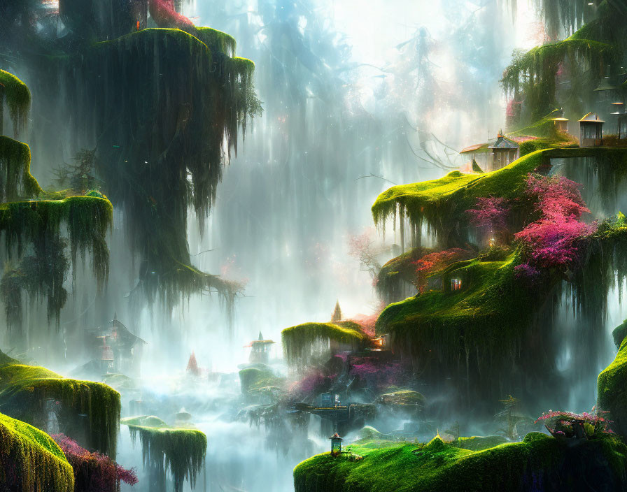 Lush green cliffside with waterfalls and Asian-style buildings amid misty atmosphere