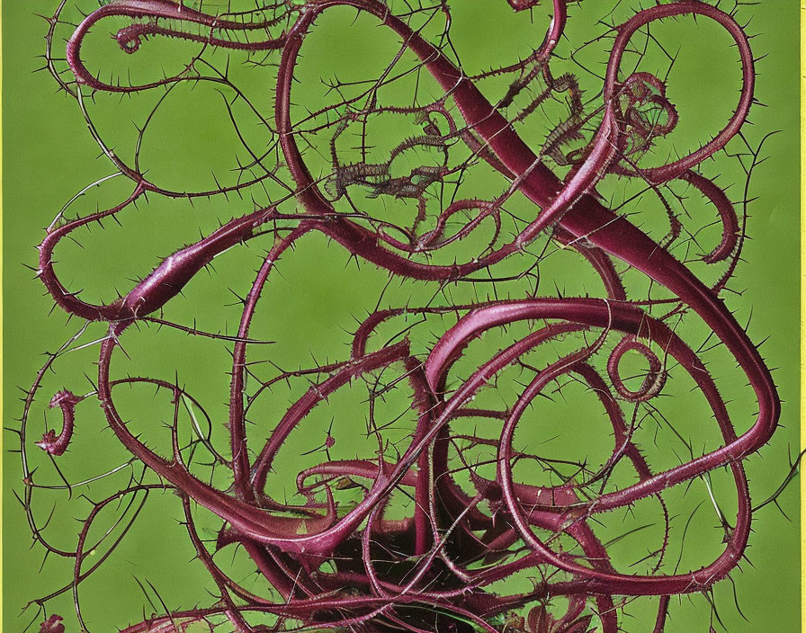 Detailed Purple Tendrils with Thorns on Green Background