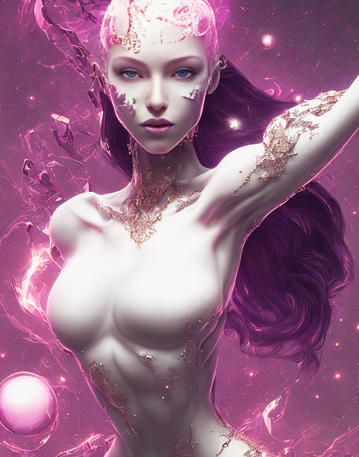 Fantasy Artwork: Female Figure with Purple Hair and Skin, Gold Accents, Cosmic Pink Back