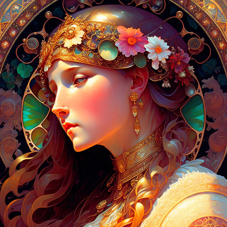 Detailed Illustration of Woman with Long Wavy Hair and Golden Headpiece