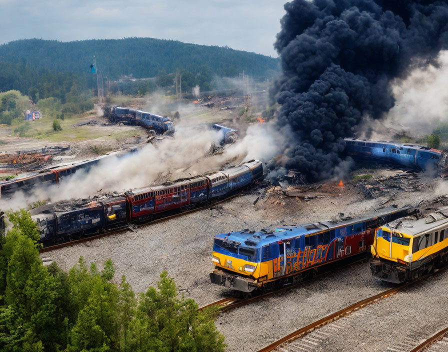 Massive train fire billowing black smoke in rail yard surrounded by trees