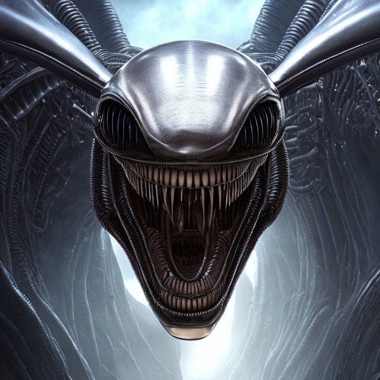 Detailed Close-Up of Xenomorph Head with Elongated Skull and Metallic Sheen