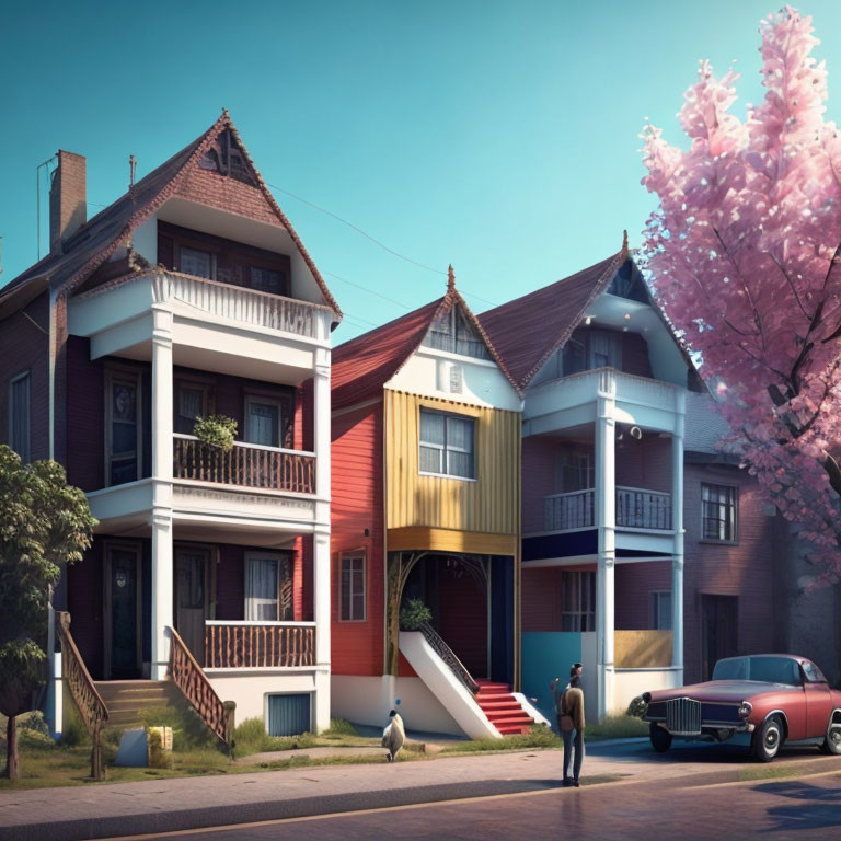 Colorful Houses, Vintage Car, Person, and Penguin in Street Scene