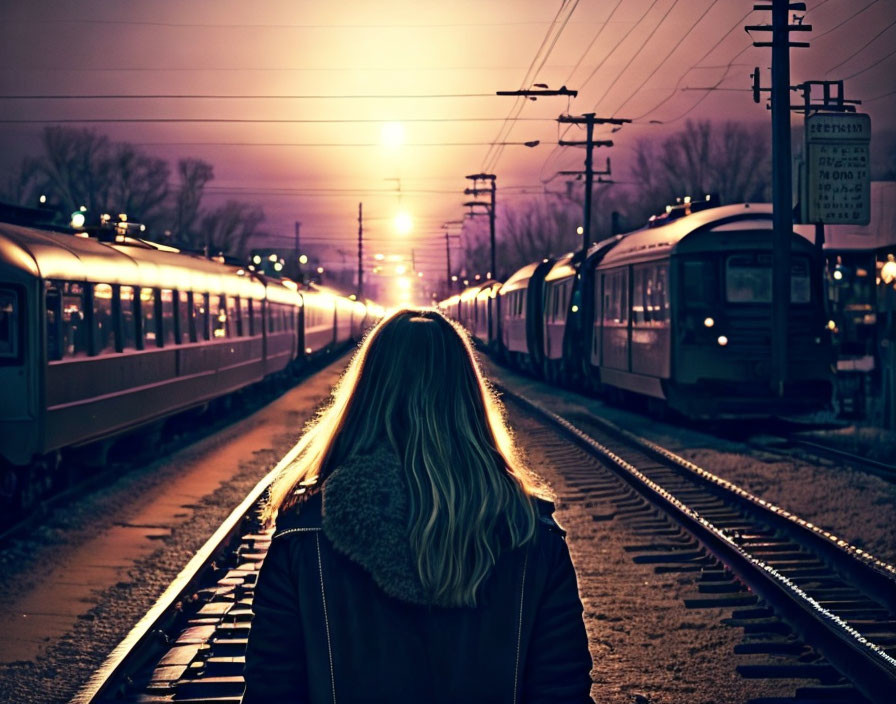 Person standing between two train tracks under hazy sunset sky with passing trains.