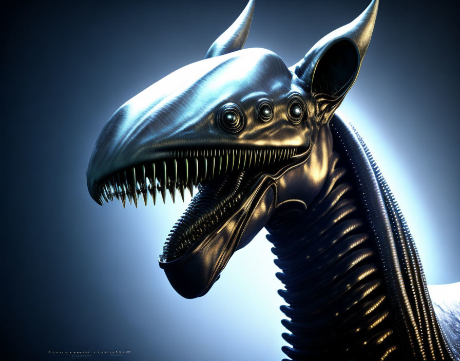 Metallic creature with multiple eyes and sharp teeth on blue background