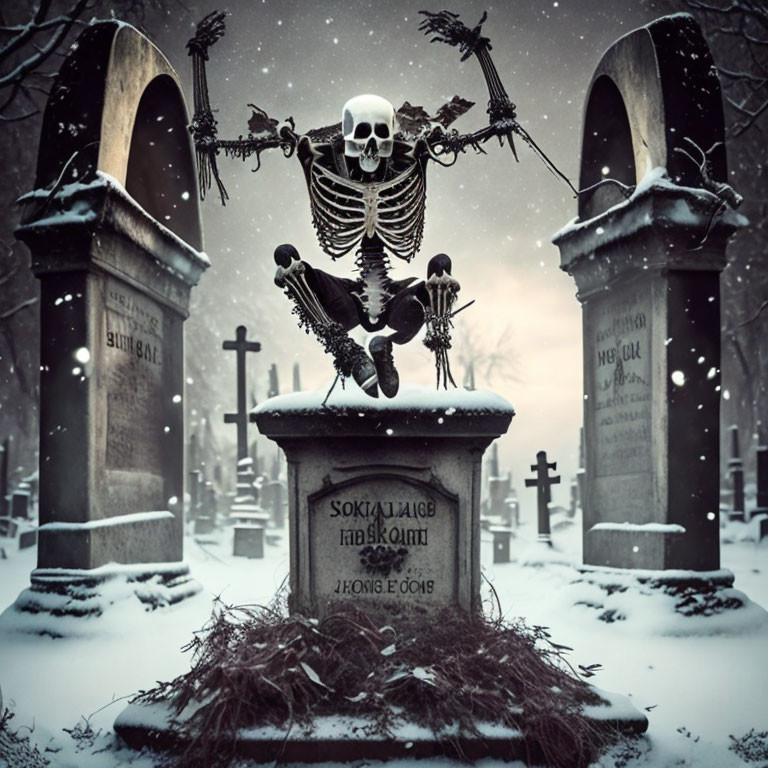 Skeleton with outstretched arms on snowy gravestone in gloomy cemetery