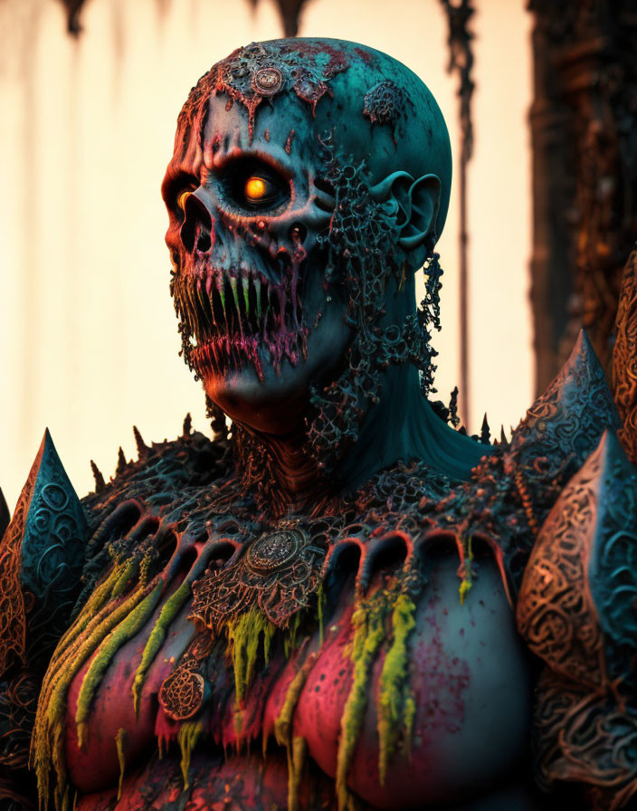 Vividly colored fantastical creature with skull-like face & intricate body armor